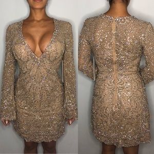 Jovani Couture Nude Gold Crystal Cocktail Dress Size 6